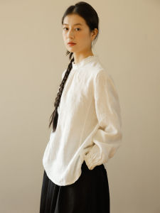 Pure Linen Long Sleeve Shirt Womens Simple Versatile Artistic Style Half High Collar Inner Wear Casual Loose Fit Solid Color
