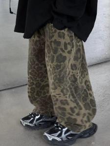 กางเกงลำลองลายเสือดาวหลวมๆ สำหรับเด็กชายและเด็กหญิง กางเกงขายาวทรงตรงเอวสูงสไตล์เกาหลี ผ้าขนกระต่าย ฤดูร้อน 2025