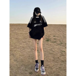 American Three Bars Shoulder T-Shirt Women Summer Design Oversize Loose Heavy Top Trendy Short Sleeve round Neck Cotton Shirt