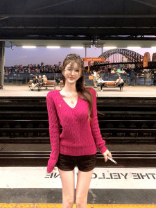 Idle Style V-neck Embroidery Inner Wear Cable-Knit Sweater Female Silm Slim Looking Temperament Long Sleeve Knitwear Tops Autumn and Winter