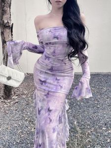 Spring Season Slimming Waist Butterfly Print One Shoulder Dress Holiday Evening Gown High Waist Flared Sleeve a Line Skirt