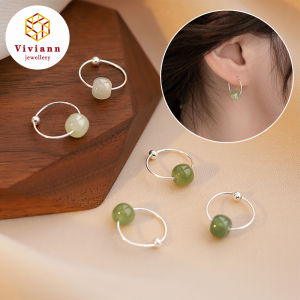 Viviann Original Design Exquisite Silver Color Green Jade Round Earrings for Female Girl Everyday Wear Gift Jewelry Vintage Green Jade Stone Round Bead Piercing Hoop Earring for Women Girls Gift