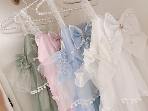 Original Summer Lolita Dessert Sweet Skirt Three-piece Pure Color Jsk Pearl Strap Flying Sleeve Dress High Waist A-line Skirt