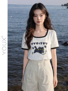 YOUXIANG | Áo Thun Hè Ôm Body In Hình Mèo Hoạt Hình Cổ Vuông
