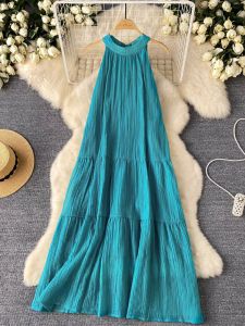 Summer Vacation Feel Beachy Sleeveless Neck Hanging Dress Womens Loose French Style Long Dress Sweetly Tied High Waist A-Line Skirt
