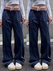 High Waist Plaid Double Belted Workwear Pants Women Summer Sport Slimming American Retro Wide Leg Pants plus Size Fat MM