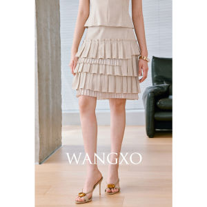 WANGXO | Linen Tencel Blended Waist-cinching Small V-neck and Boat Neck Partially Sleeved Top With Pleated Skirt Set