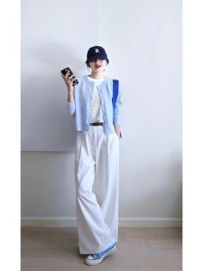 เสื้อสเวตเตอร์คาร์ดิแกนสีน้ําเงินถักนุ่มสําหรับผู้หญิงแจ๊กเก็ตแฟชั่นความยาวสั้นอเนกประสงค์เหมาะสําหรับฤดูใบไม้ผลิและฤดูใบไม้ร่วง