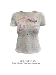 เสื้อยืดคอกลมแขนสั้นพิมพ์ลายตัวอักษรสไตล์อเมริกันสำหรับผู้หญิงในช่วงฤดูร้อน ทรงเข้ารูป เสื้อลำลอง แฟชั่น