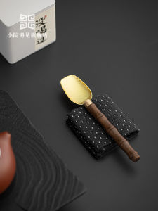 High-End Single Copper Tea Spoon Long Handle Tea Ceremony Tea Scoop Tea Leaf Spoon Wooden Tea Set Chinese Style Pure Color
