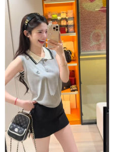 YUEZHONGWEI | Áo len dệt kim lụa lạnh kiểu Pháp không tay cổ polo ngắn ôm vừa vặn mùa hè cho nữ Áo khoác ngoài thường ngày