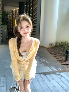 Spring Ashy Snow Knitted Slim Fit Thin Cardigan round Neck Short Length Single Button Closure Pure Color Versatile Ribbed Lace Trim