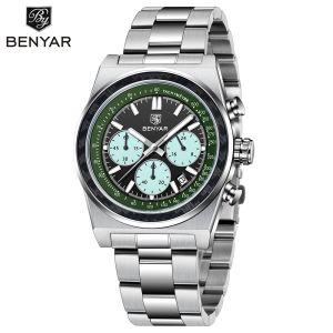 BENYAR | BENYAR New Chronograph Quartz Watch 42MM Racing Sport Wristwatch Carbon Fiber Bezel Stainless Steel Luminous Male Calendar Watch