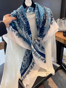 BILLI ZILLY | Blue Feather Linen Scarf Womens Korean Style Versatile Summer Office Air Conditioned Room Outdoor Travel Sun Protection Shawl