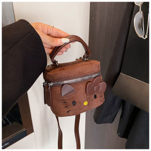 Chic Cartoon KT Cat Handbag Mini Crossbody Bag Fashionable Retro Style Autumn Winter Handbag for Women Rectangular Shape Zipper Closure