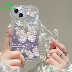 FLOVEME Luxury Butterfly Glitter Clear Soft Phone Case For iphone 15 14 13 12 11 Pro Max 15 14 Plus With Hand Chain Lanyard Cute Transparent Silicone Back Cover For iphone X XR XS Max