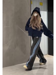 Deep Grey American Contrast Color Stripe Womens Sports Pants Autumn Trendy Vintage Hip Hop Jazz Dance Wide Leg Casual Sweatpants