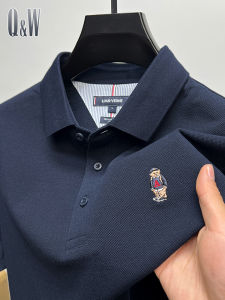 Embroidered Pure Cotton Polo Shirt Mens Short Sleeve Turn-down Collar Fashionable Summer T-shirt Bear Pattern Casual Wear