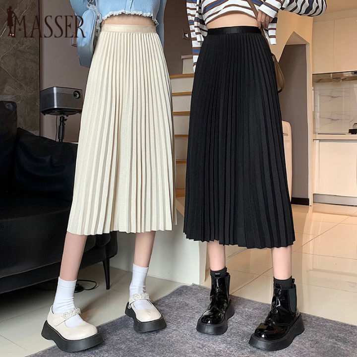 Days Delivery)Masser satin pleated skirt high waist a line retro