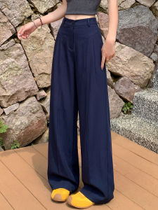 YAYANGREN | Navy Cotton Linen Wide Leg Pants Straight Fit
