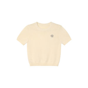 Hello Canon Embroidered Flower Knitted Short Sleeve Womens Sweater Spring Summer New Loose Fit Shoulder Korean Style Top