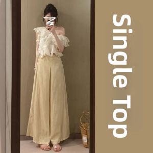 PEIZIXUAN | Flounce Off-shoulder Blouse and Wide-leg Pants Set for Petite Women