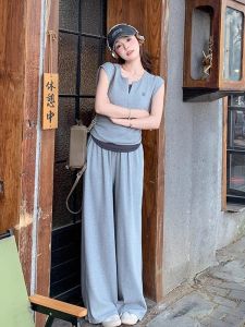 Rouje Moaks Casual Sportswear Set Women Summer Lazy Style Fake Two-Piece T-Shirt Wide Leg Pants Two-Piece Trendy Cotton Suit