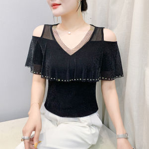 YIMEI เสื้อแขนสั้นคอวีสีม่วงเสื้อตาข่ายแขนสั้นเปิดไหล่เสื้อเสื้อเชิ้ตลีลาศผ้าระบายขอบพลอยเทียมสวยสำหรับฤดูร้อน