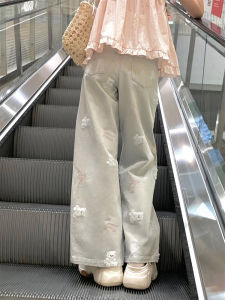 plus Size Embroidered Bear Denim Pants Straight Leg Wide Leg Slimming Design Spring Autumn Small Bear Big Size Jeans