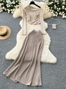 Áo Thun Dài Tay Ôm Vừa Vặn Cạp Cao Bằng Vải Satin Hai Mảnh Cho Nữ Mùa Đông 2024 Thời Trang Hợp Thời Trang