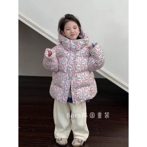 Thickened Floral Print down Jacket for Girls Winter Coat Warm Children Outerwear Hooded Padded Coat Korean Style Duck down
