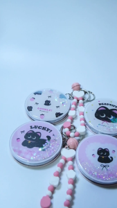 LUNI Lucky and Beautiful Glitter Cat Keychain Double Sided Mirror with Beaded Strap For Bag