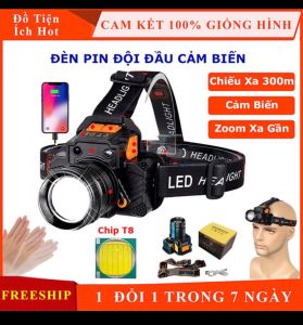 Đèn pin đội đầu 1 bóng cảm biến vẫy tay siêu sáng chiếu xa 300m chip Led L9 chống thấm nước đèn đeo trán Zoom xa gần