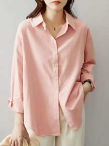 Pink Pure Cotton Long Sleeve Shirt Womens Fashion Outerwear Layering Vest Inner Wear Base Shirt Korean Style Loose Fit Button Detail