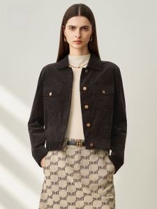 HR | HR Vintage Workwear Style Short Jacket Womens Casual Turn-down Collar Coat Cotton Blend Button Pocket Design All-matching