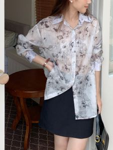 Cafe Au Lait Watercolor Traditional Chinese Style Loose Fit Lightweight Long Sleeve Womens Shirt Summer New Arrival Elegant