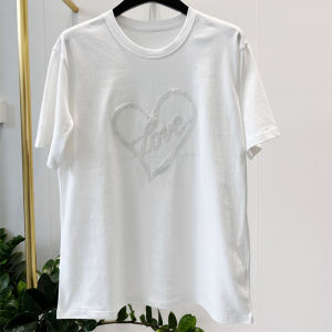 Brother New 2025 Summer Casual Versatile Shiny Sequin Embroidery Heart Short Sleeve Cotton round Neck T-Shirt Womens Top
