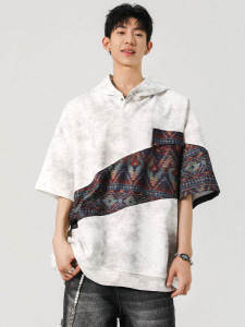 Loose Fit Mens Tie Dye Short Sleeve Hoodie T-Shirt Ethnic Style Urban Fashion Summer Casual Cotton Tee Shirt Five Sleeve Length