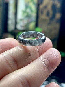 Myanmar Material Ice-like Jade Black Chicken Ring a Goods Jade Ring Shank Ink Landscape Artistic Conception Ring Oil Jet Little Finger Ring