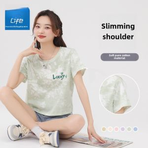 Jeanswest Life Tie Dye Pure Cotton Short Sleeve Womens T-Shirt Summer New Design Unique Short Style Top Sweet And Spicy