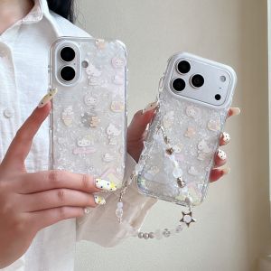 Sanrio | Korean INS Fashion Cute Hello Kitty Cat Glitter Shell Pattern Phone Case For iPhone 17 Pro 15 16 Pro Max Back Cover With Pendant