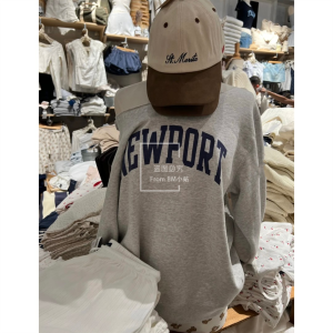 BM Grey Flag Sweater with Fleece Long Sleeve Lettering Cut-Edge Shoulder Loose Fit Womens Casual American Style Top