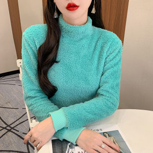 Double-Sided Coral Fleece Sweatshirt Long Sleeve Loose Womens T-Shirt Half-High Collar Inner And Outer Wear Autumn Winter Warm