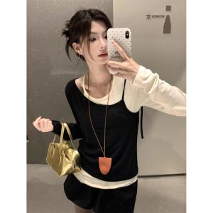 Áo Thun Nữ Tay Dài Hai Mảnh Thời Trang Xuân Thu Phong Cách Hàn Quốc Không Đều Màu Sắc Áo Thun Cơ Bản Mùa Hè Thường Ngày