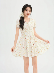 SANFU | Summer New Style Bow V-Neck Puff Sleeve Waist-Tying Short Dress