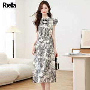 puella | Chinesestyle Floral Print Flutter Sleeve Fitted Cheongsam Dress