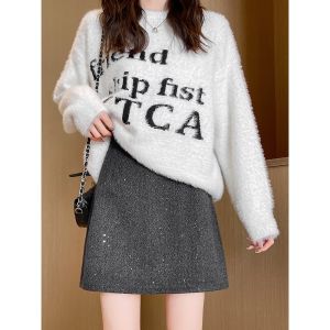 กระโปรงทรงเอเอวสูงผ้าขนสัตว์สำหรับผู้หญิง ฤดูใบไม้ร่วง 2025 กระโปรงสั้นทรงเข้ารูปดีไซน์ใหม่ สไตล์หวาน เสื้อผ้าผู้หญิง