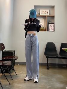 Quần jean nữ ống rộng xẻ gấu CHERRY cạp cao dáng suông 2 cúc quần bò nữ ống đứng xẻ tà trước chất cotton cao cấp T069