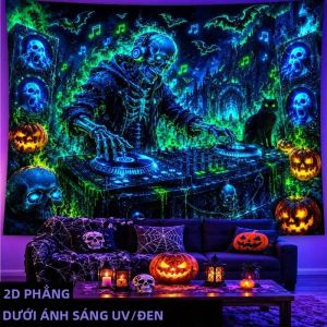 VIKAMA Neon Halloween DJ Skeleton Tấm Thảm Âm Nhạc Bí Ngô Dơi Thiết Kế Polyester Treo Tường Cho Phòng Ngủ Ký Túc Xá Phòng Khách Mềm Mại Có Thể Giặt Được