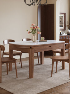 Modern Minimalist Expandable Solid Wood Rock Plate Dining Table And Chair Set for Small Home Luxury Simple round Table Conversion